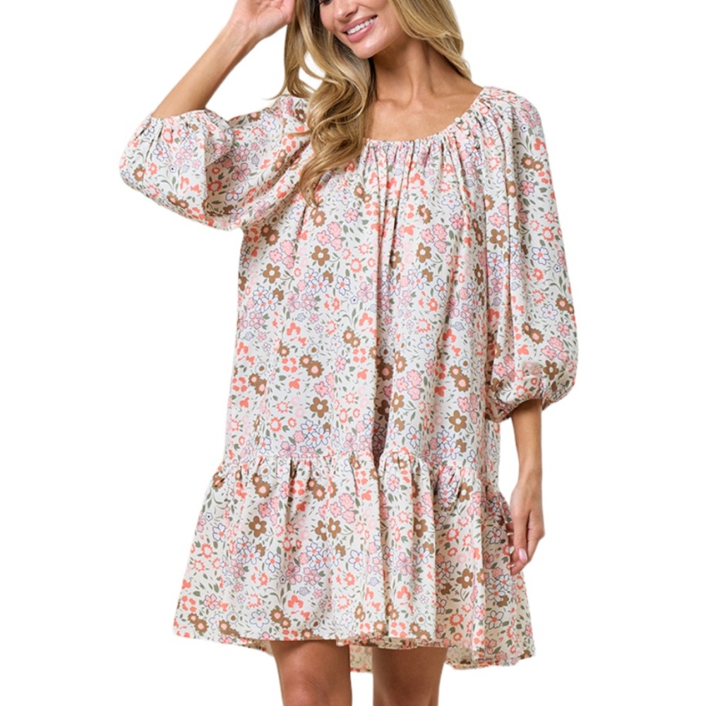 72. Women’s Cream/Coral Multi Floral Print Tier Flowy Dress NWT